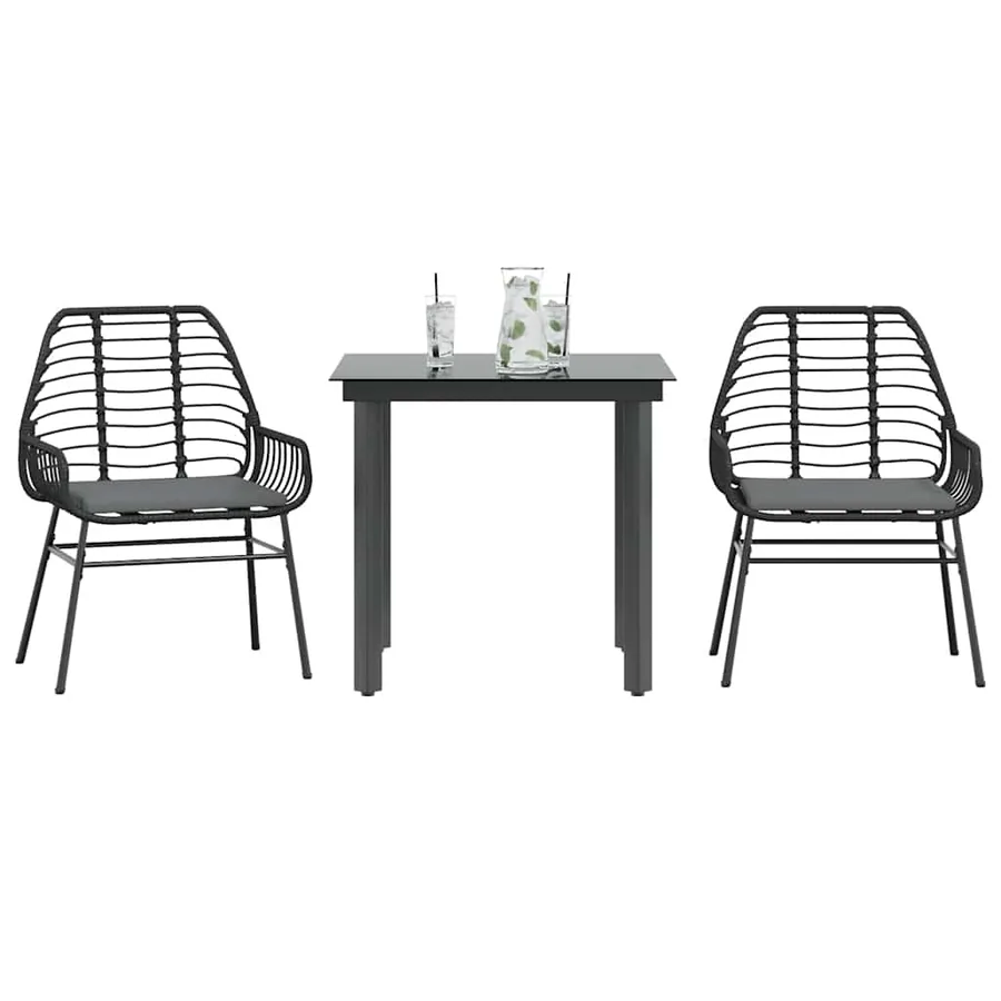 Ensemble à manger de jardin et coussins 3 pcs noir rotin verre