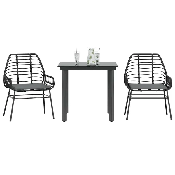 Ensemble à manger de jardin et coussins 3 pcs noir rotin verre