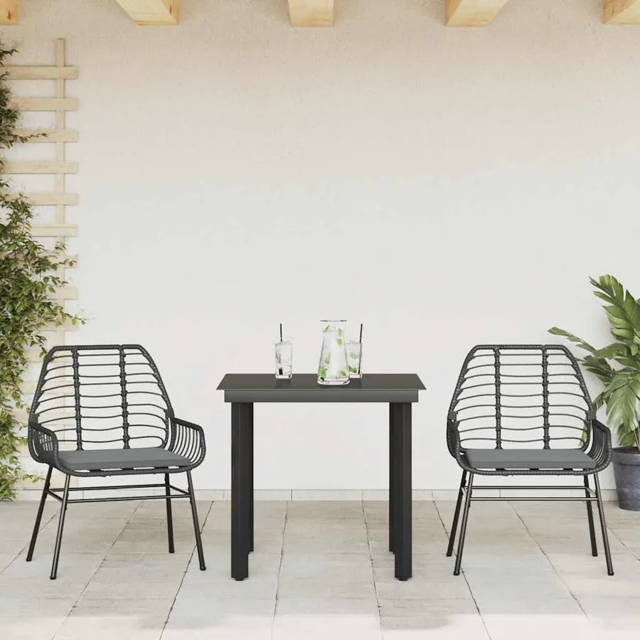 Ensemble à manger de jardin et coussins 3 pcs noir rotin verre - 3