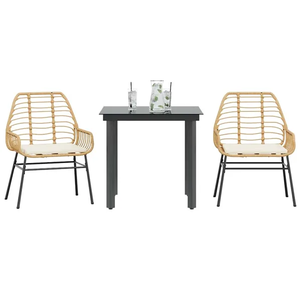 Ensemble à manger jardin coussins 3pcs marron poly rotin verre