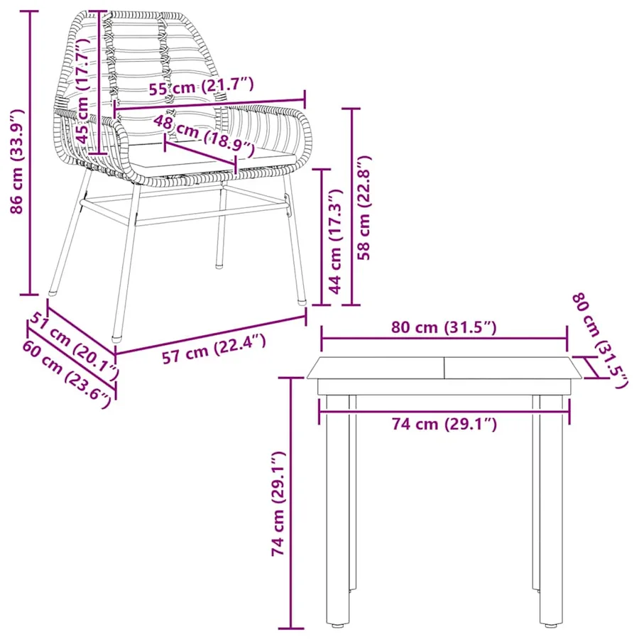 Ensemble à manger jardin coussins 3pcs marron poly rotin verre - 10