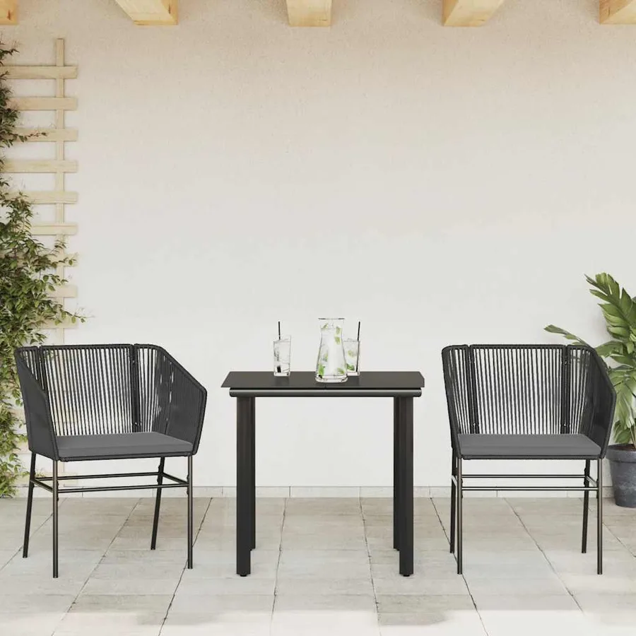Ensemble à manger de jardin et coussins 3 pcs noir rotin verre - 3
