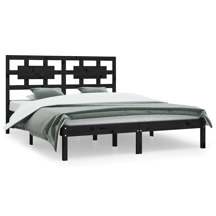 Cadre de lit sans matelas noir 200x200 cm bois massif de pin - 2