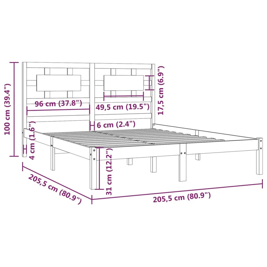 Cadre de lit sans matelas noir 200x200 cm bois massif de pin - 6