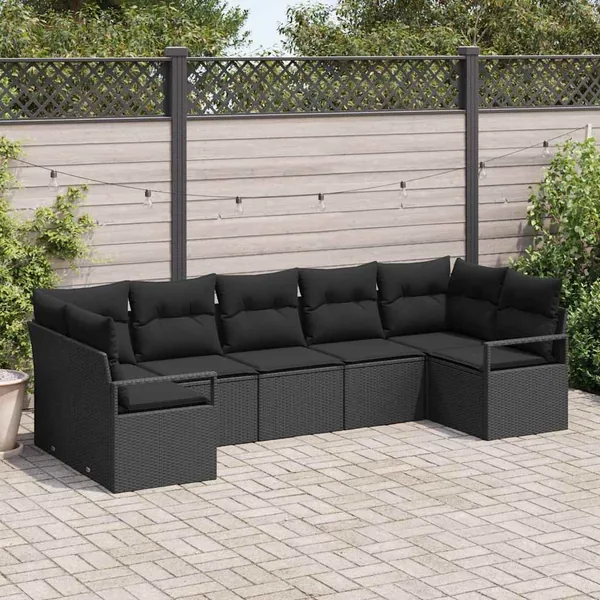Ensemble de Canapés avec coussin 7 pcs Noir polyrotin