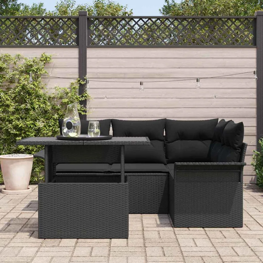 Ensemble de canapé de jardin avec coussin 5 pcs Noir Poly rotin - 3