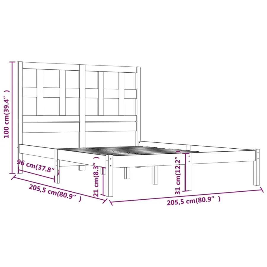 Cadre de lit sans matelas noir 200x200 cm bois massif de pin - 6
