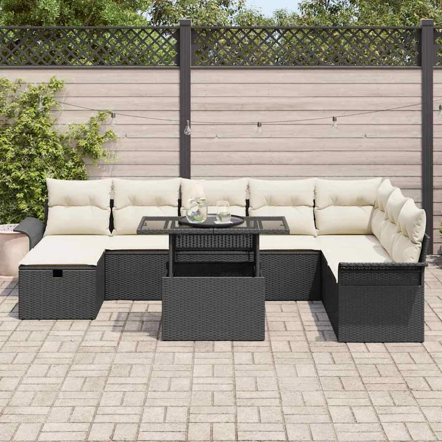 Ensemble de canapé de jardin avec coussin 9 pcs Noir Poly rotin - 3