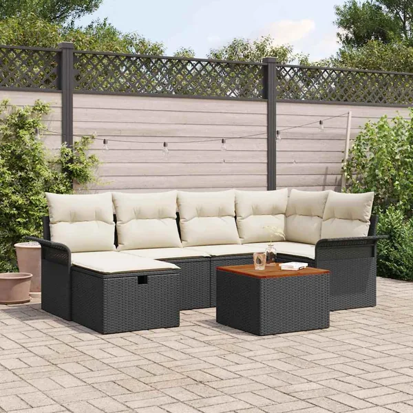 Ensemble de canapé de jardin avec coussin 7 pcs Noir Poly rotin
