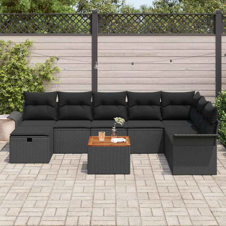 Ensemble de canapé de jardin avec coussin 9 pcs Noir Poly rotin - 3