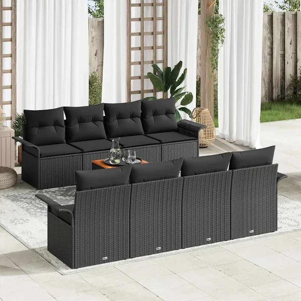 Ensemble de canapé de jardin avec coussin 9 pcs Noir polyrotin