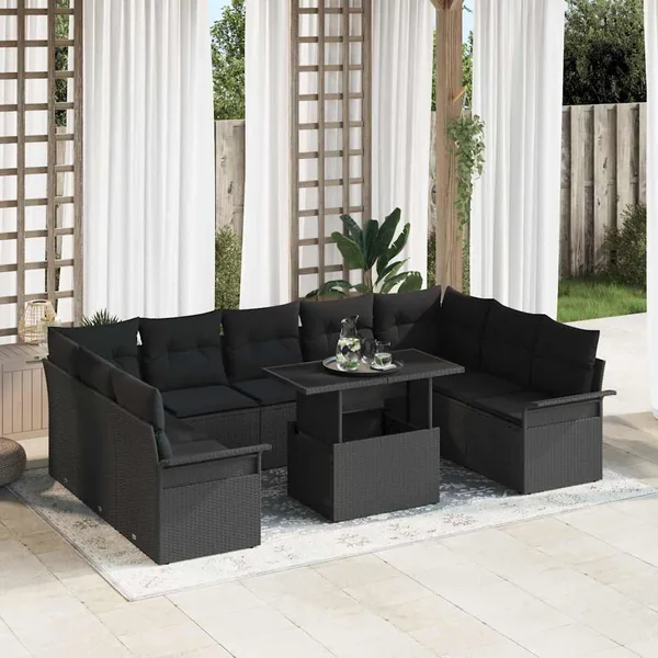 Ensemble de canapé de jardin 10 pcs Noir Poly rotin