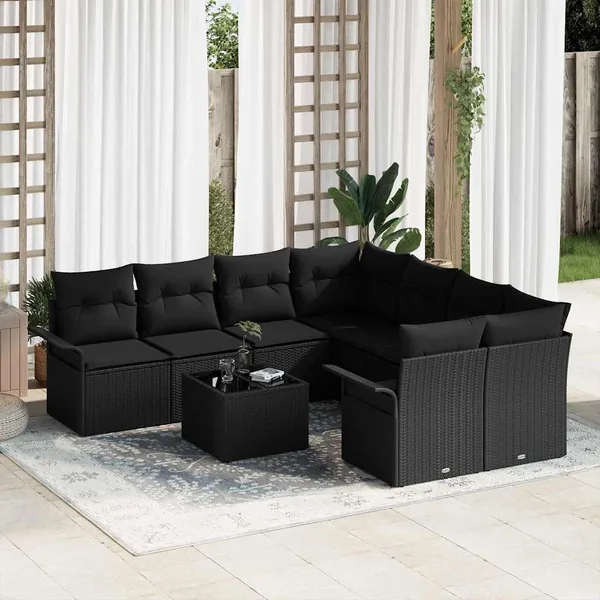 Ensemble de canapé de jardin avec coussin 9 pcs Noir polyrotin