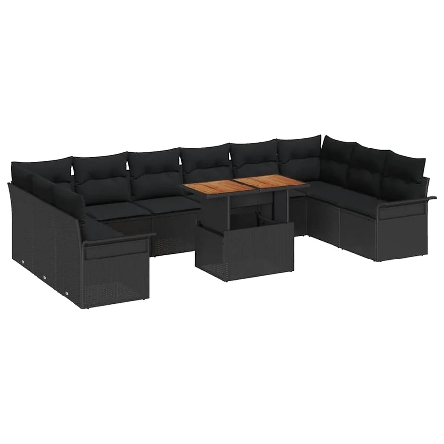 Ensemble de canapé de jardin avec coussin 11 pcs Noir polyrotin - 2