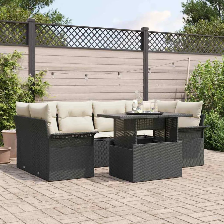 Ensemble de canapé de jardin avec coussin 7 pcs Noir Poly rotin