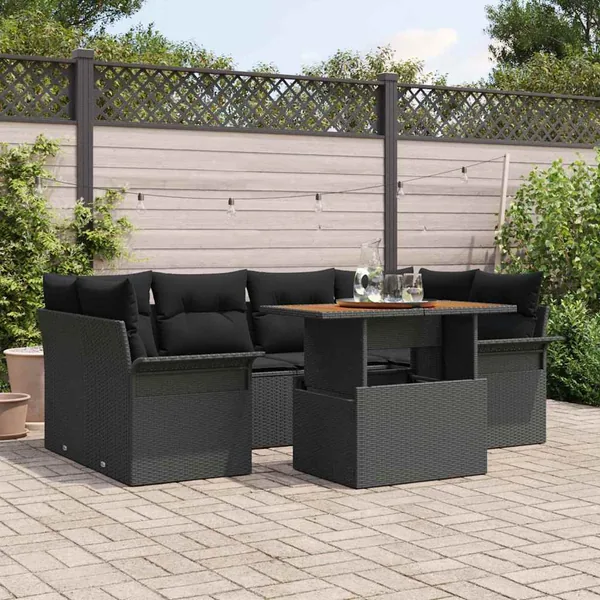 Ensemble de canapé de jardin 7 pcs Noir Poly rotin