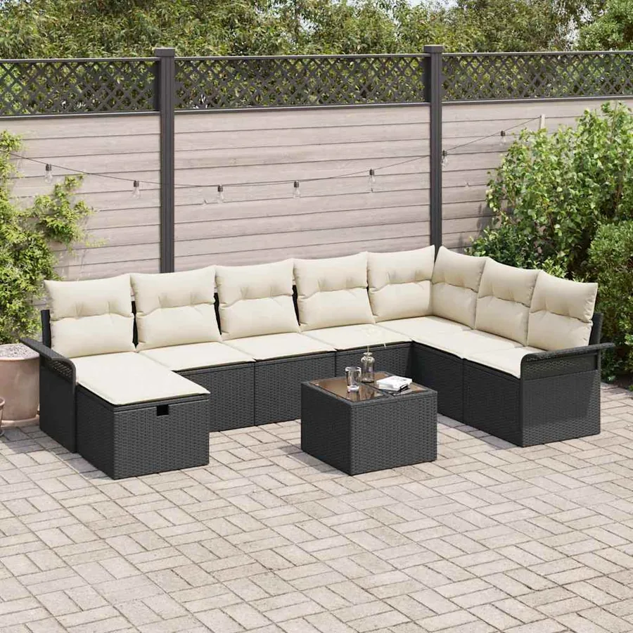Ensemble de canapé de jardin avec coussin 9 pcs Noir Poly rotin