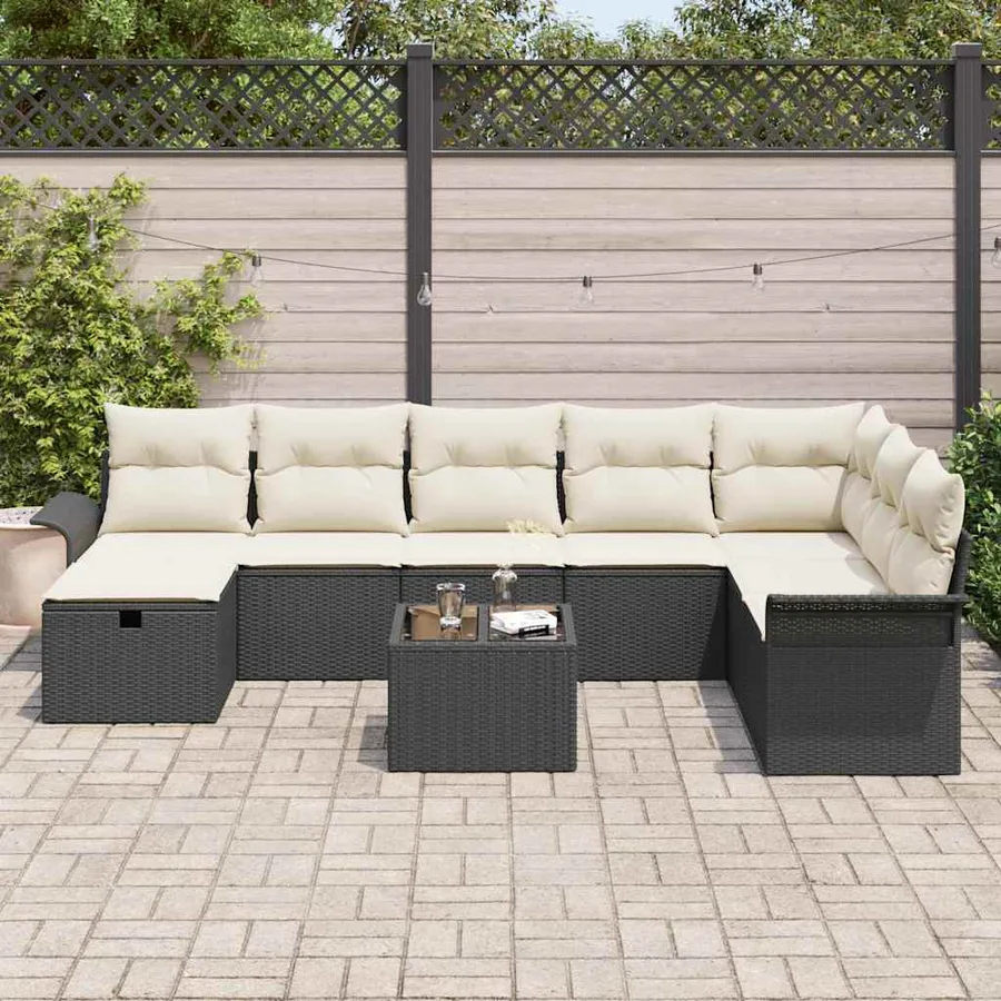 Ensemble de canapé de jardin avec coussin 9 pcs Noir Poly rotin - 3