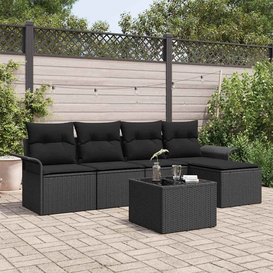 Canapé d’extérieur avec coussin 6 pcs Noir polyrotin