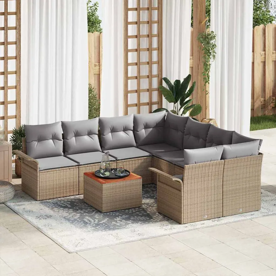Ensemble de canapé de jardin avec coussin 9 pcs Beige polyrotin