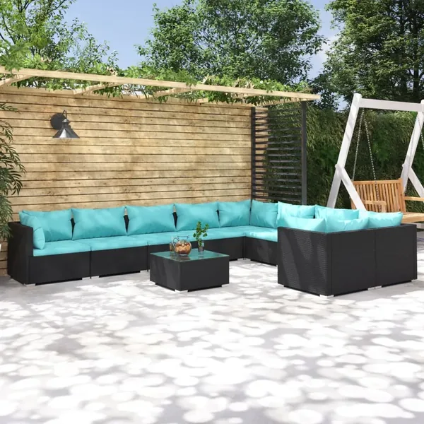 Salon de jardin 10 pcs avec coussins Résine tressée Noir