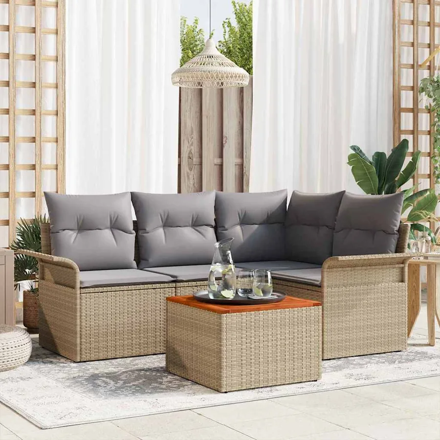 Ensemble de canapé de jardin avec coussin 5 pcs Beige polyrotin