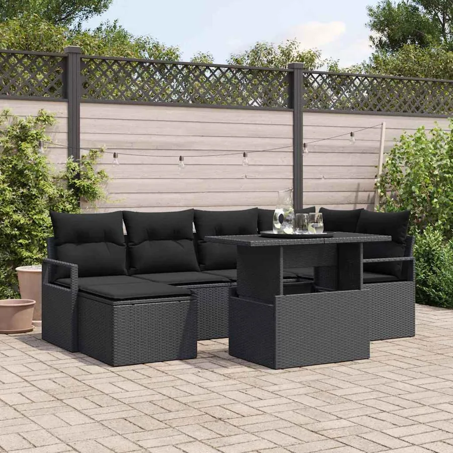 Ensemble de canapé de jardin 7 pcs Noir Poly rotin