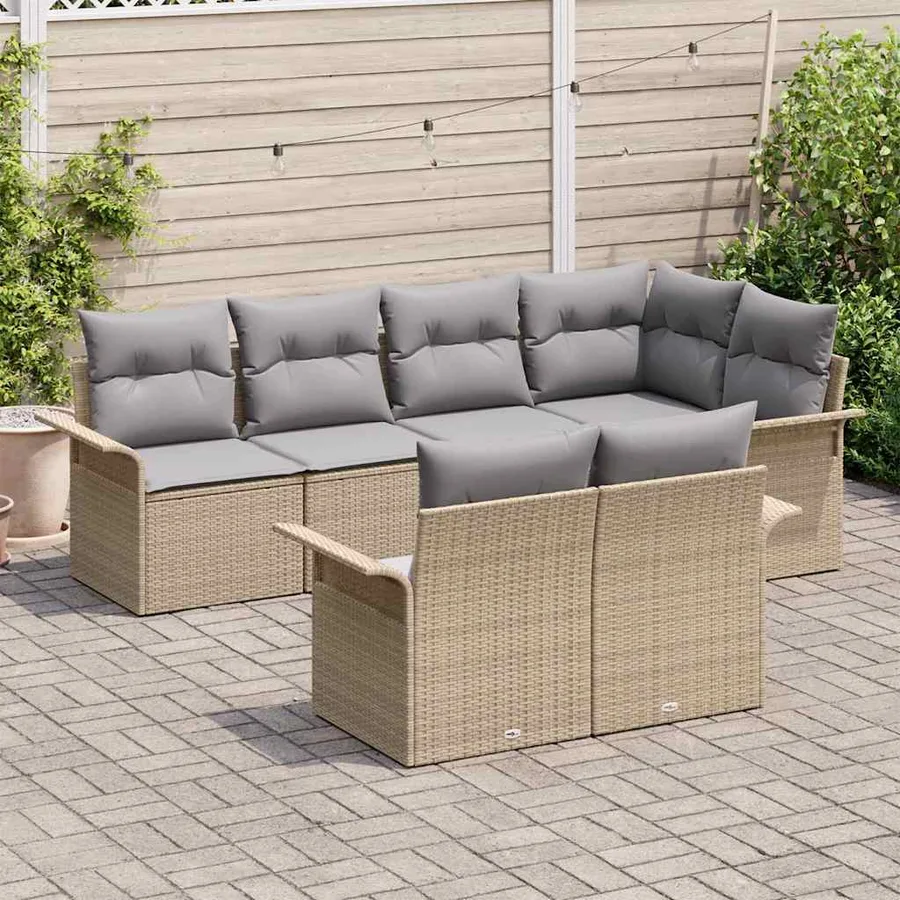 Ensemble de canapé de jardin avec coussin 7 pcs Beige polyrotin - 3