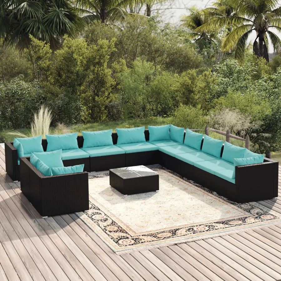 Salon de jardin 12 pcs avec coussins Noir Résine tressée