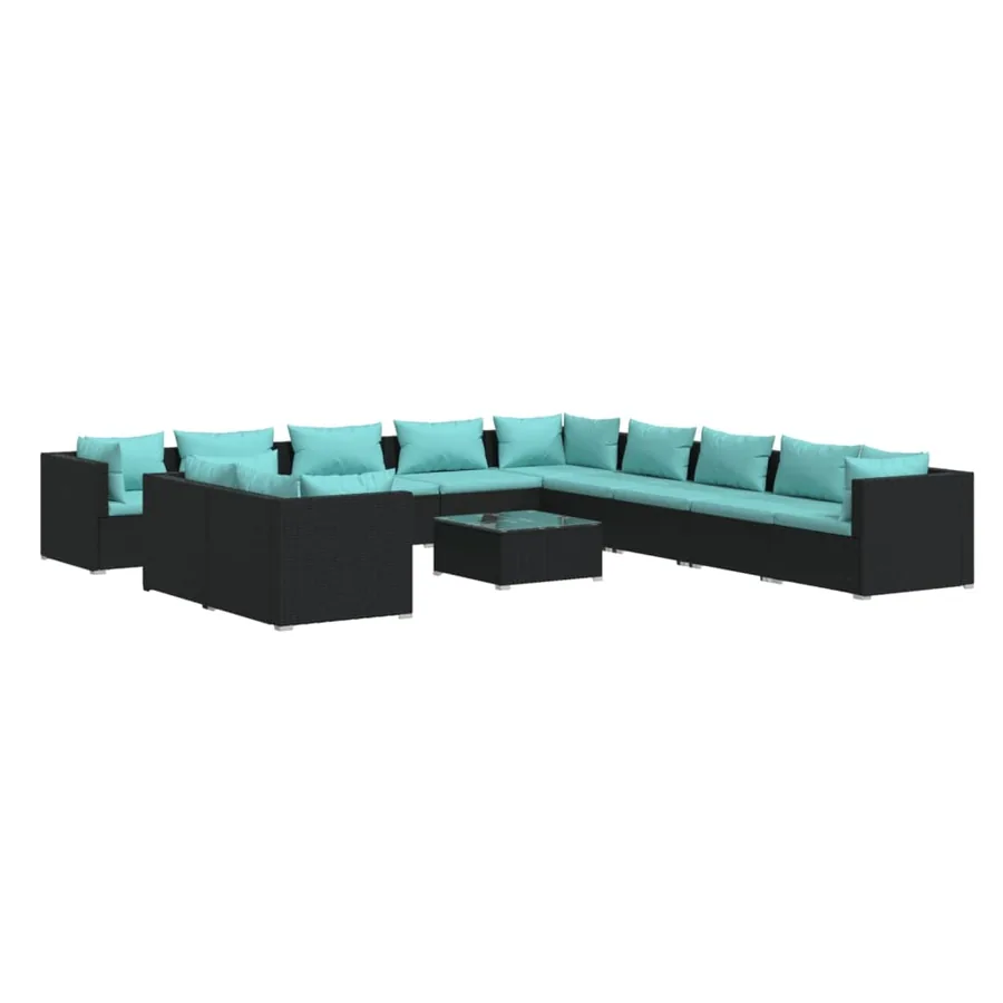 Salon de jardin 12 pcs avec coussins Noir Résine tressée - 2