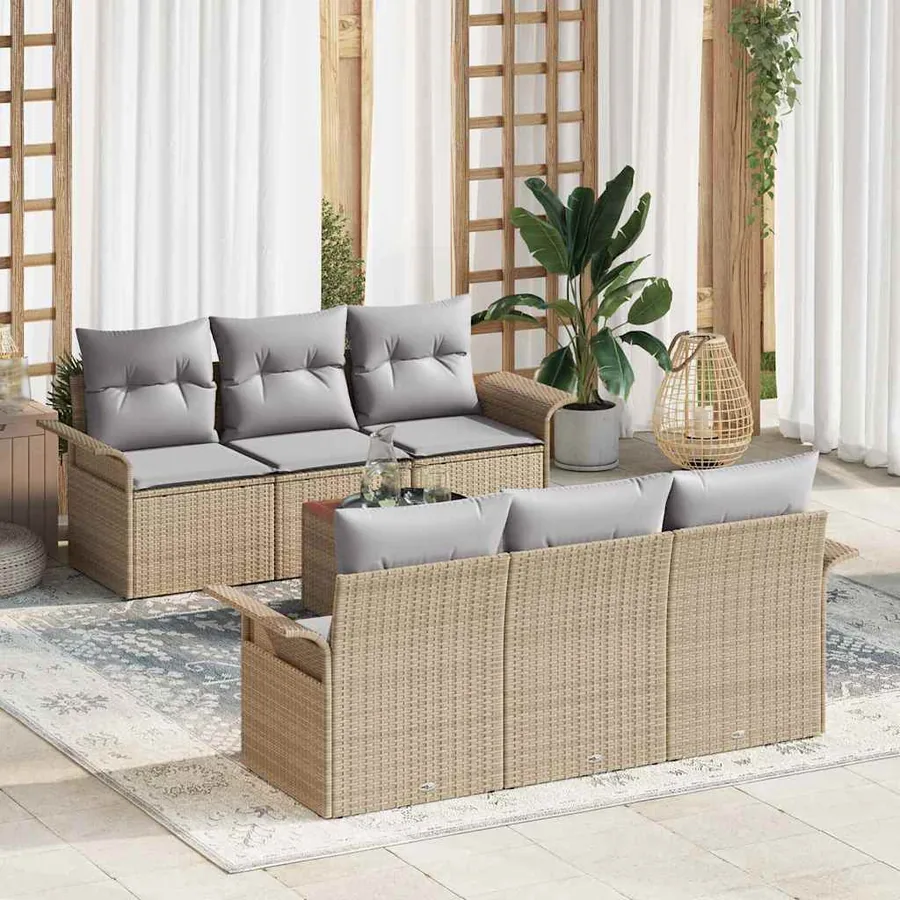 Ensemble de canapé de jardin avec coussin 7 pcs Beige polyrotin