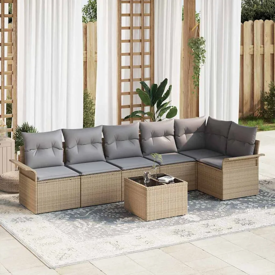 Ensemble de canapé de jardin avec coussin 7 pcs Beige polyrotin