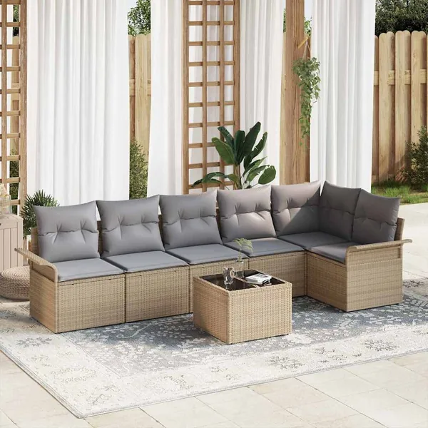 Ensemble de canapé de jardin avec coussin 7 pcs Beige polyrotin