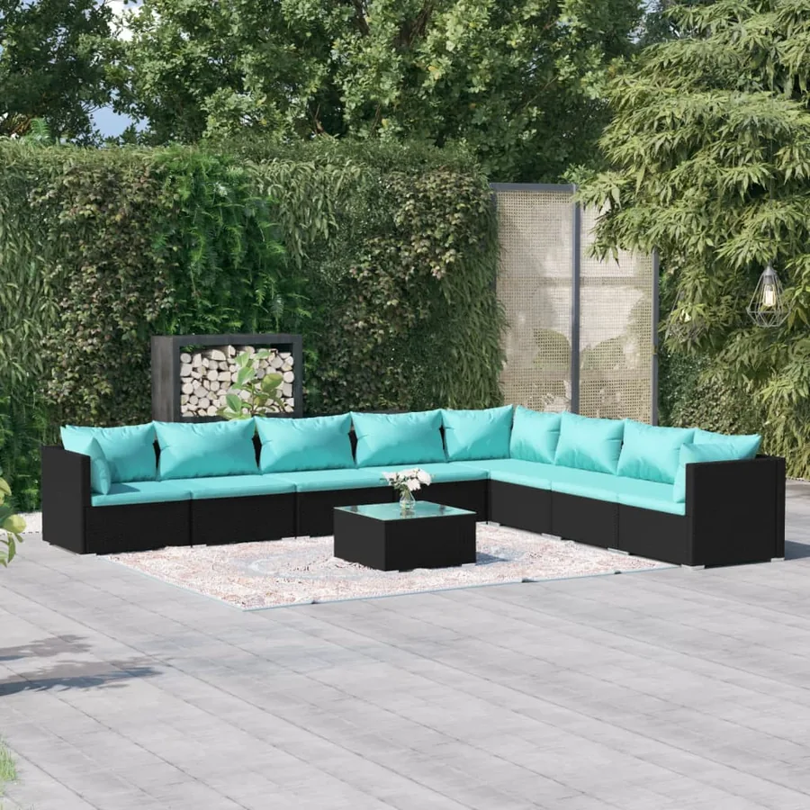 Salon de jardin 9 pcs avec coussins Résine tressée Noir