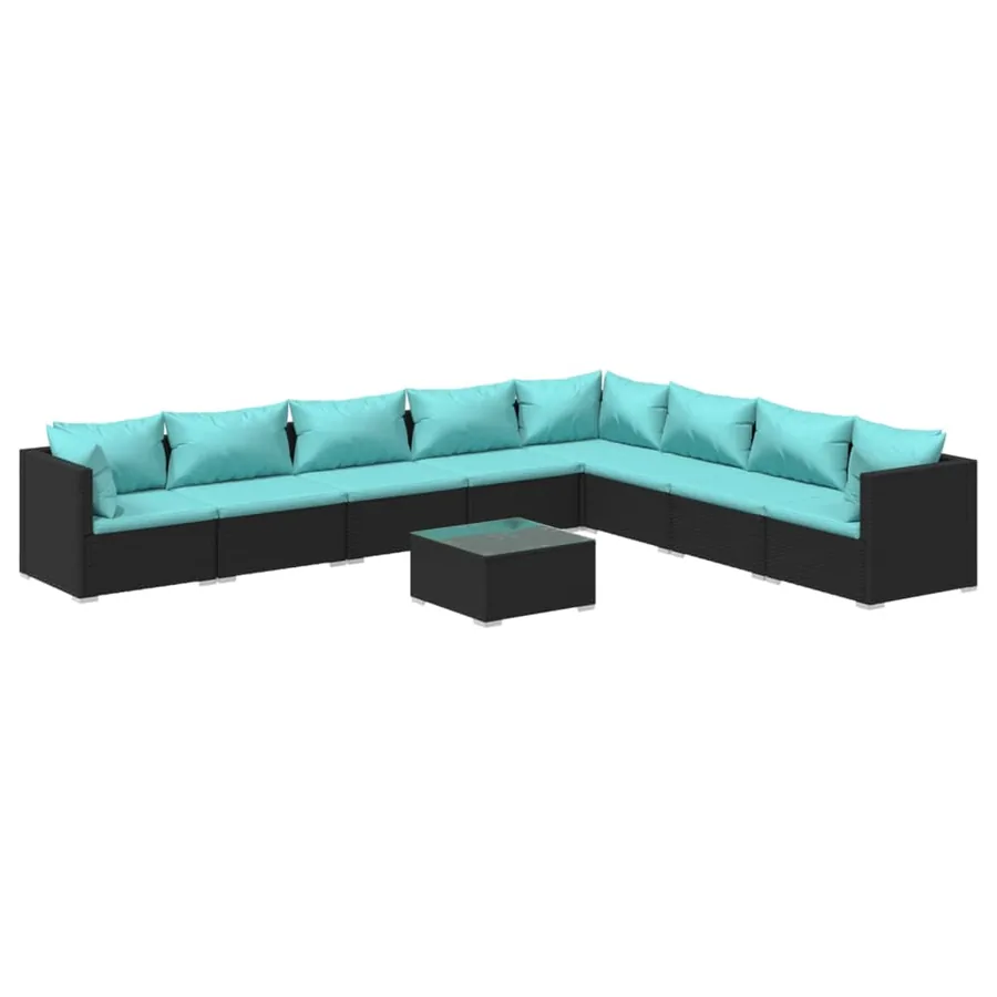 Salon de jardin 9 pcs avec coussins Résine tressée Noir - 2