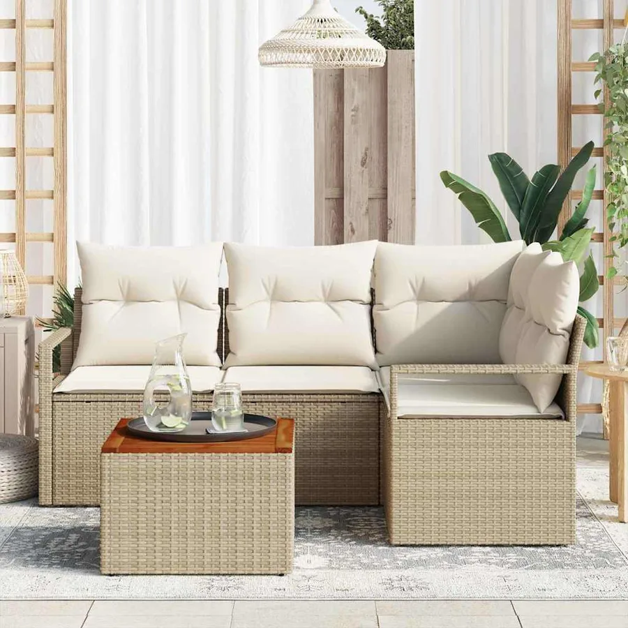 Ensemble de canapé de jardin 5 pcs Beige et crème polyrotin - 3