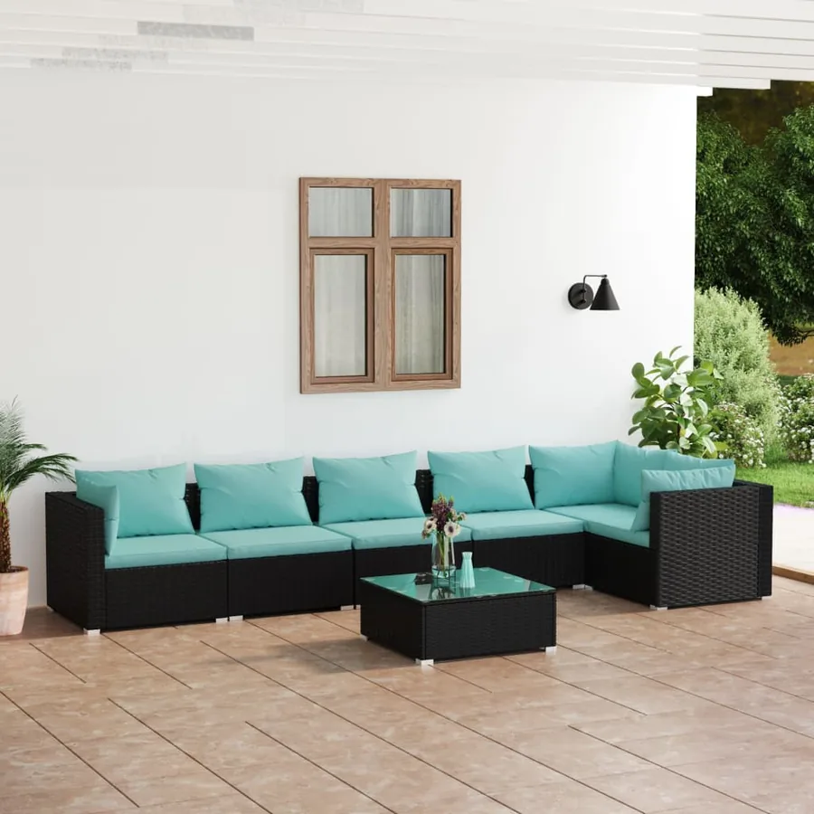 Salon de jardin 7 pcs avec coussins Résine tressée Noir