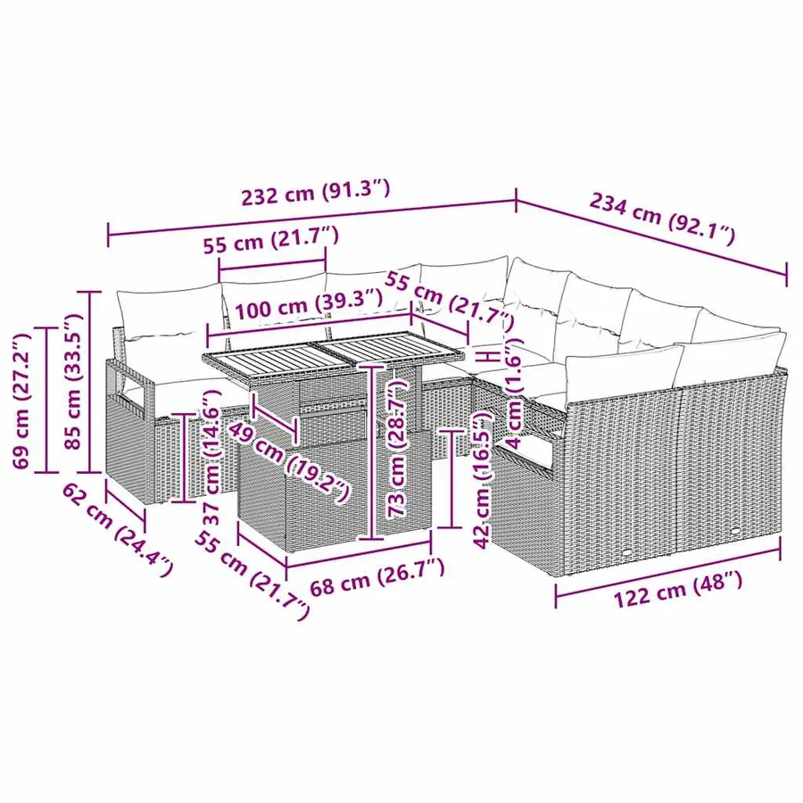 Ensemble de canapé de jardin 9 pcs Noir Poly rotin - 14