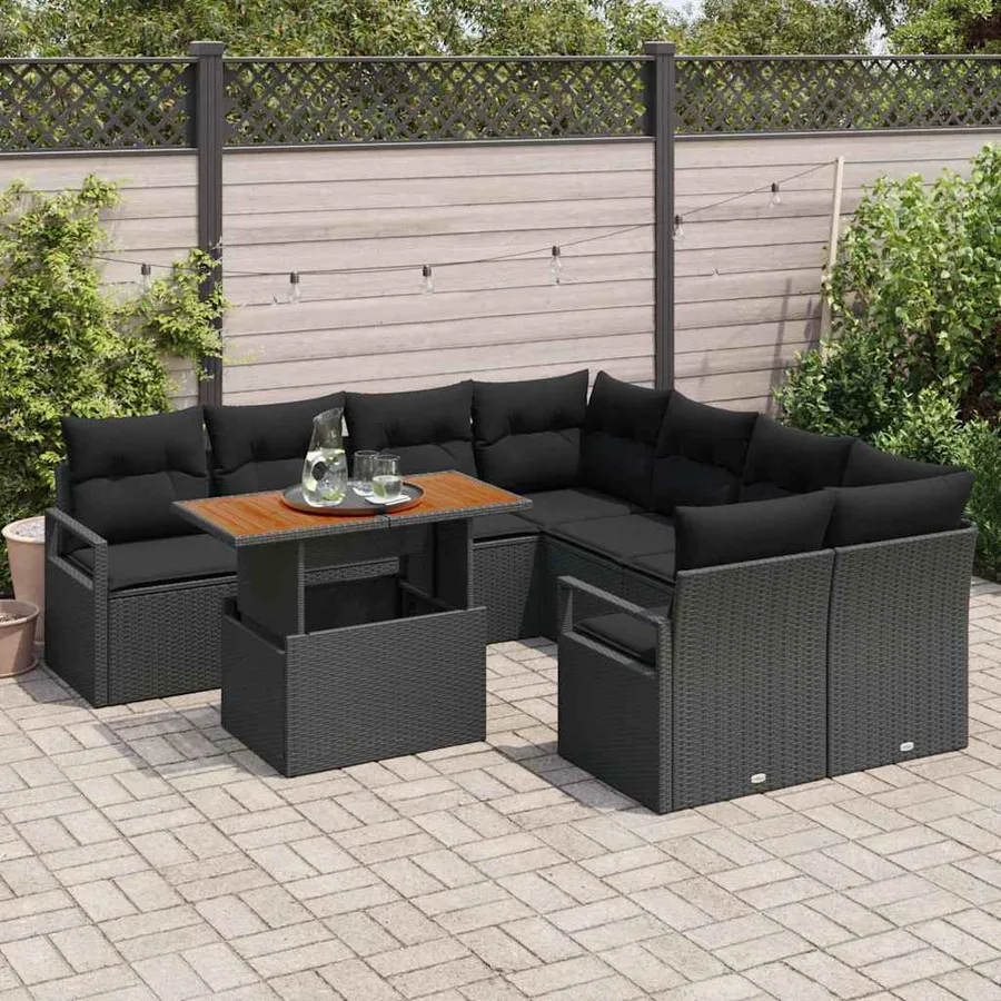 Ensemble de canapé de jardin 9 pcs Noir Poly rotin - 3