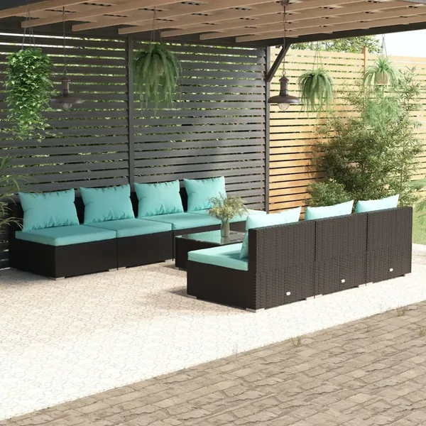 Salon de jardin 8 pcs avec coussins résine tressée noir