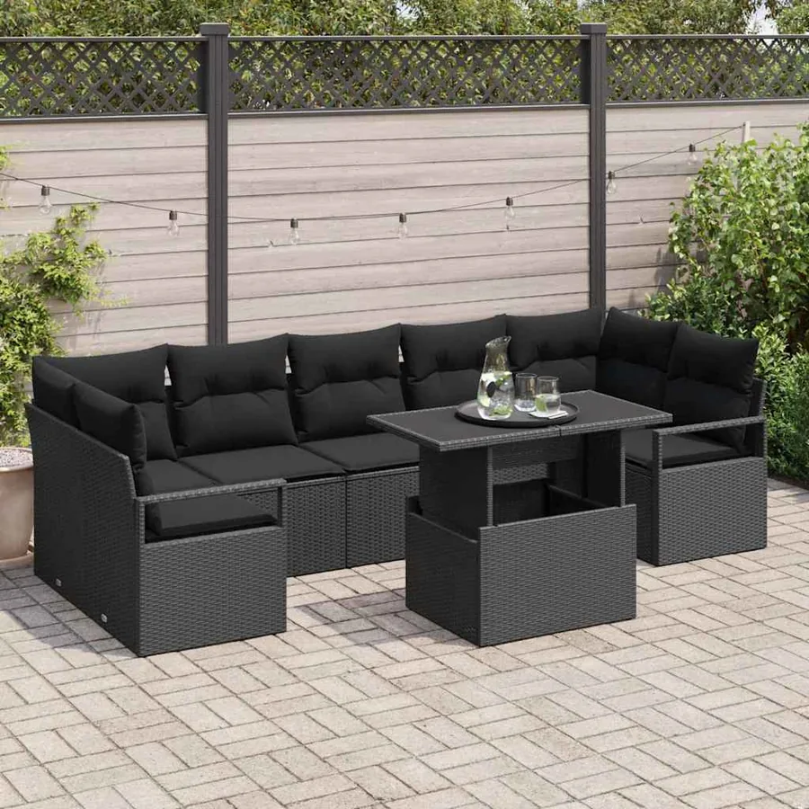 Ensemble de canapé de jardin 8 pcs Noir Poly rotin