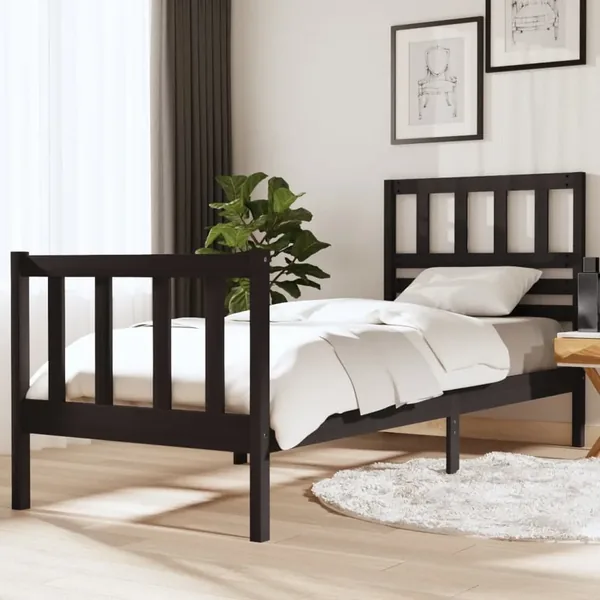 Cadre de lit sans matelas noir bois massif