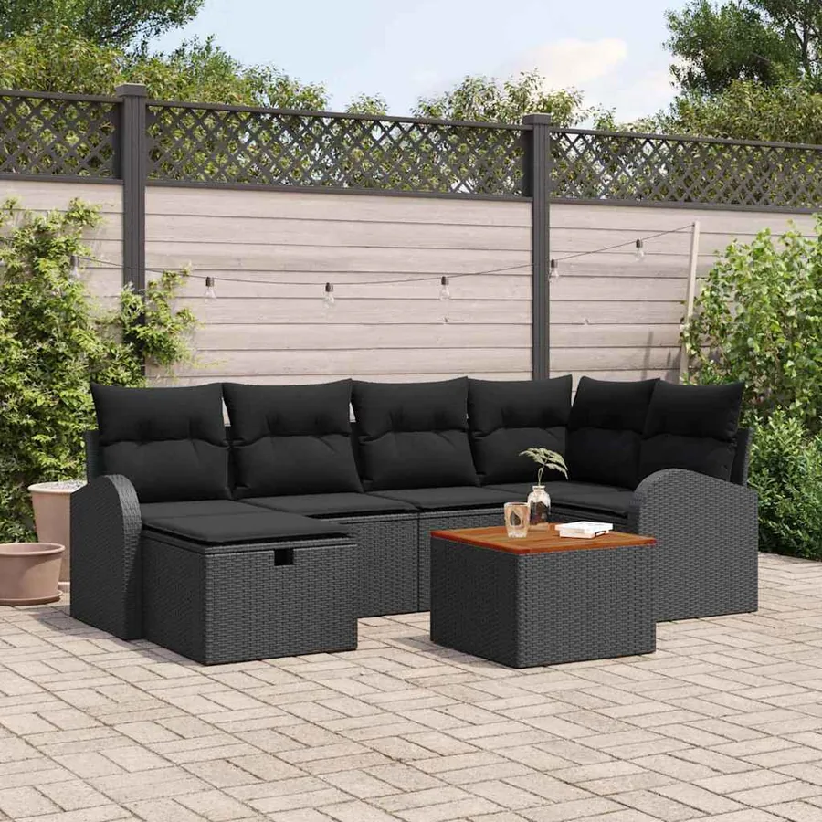 Ensemble de canapé de jardin avec coussin 7 pcs Noir polyrotin