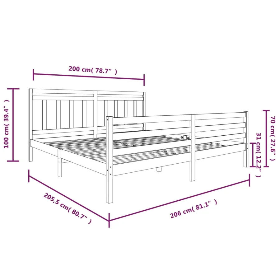 Cadre de lit sans matelas gris bois massif 200x200 cm - 7