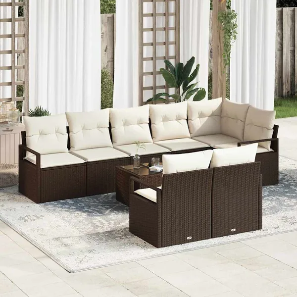 Ensemble de canapé de jardin 9 pcs Marron et Crème polyrotin