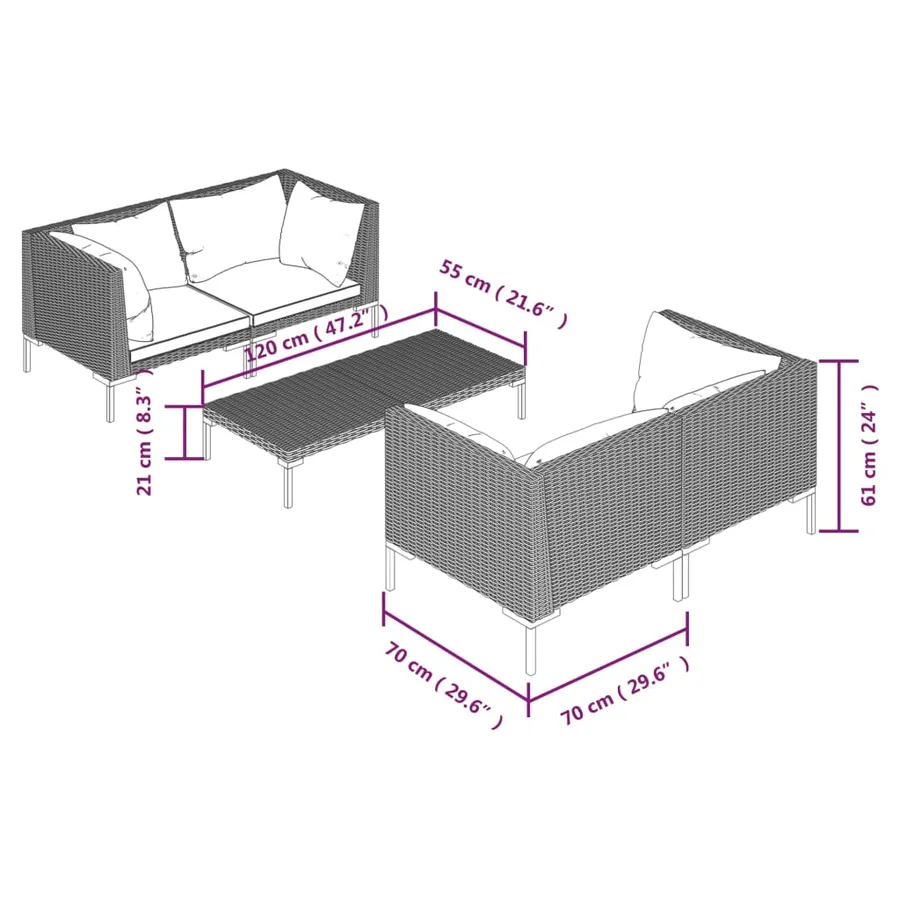 Salon de jardin 5 pcs avec coussins Résine tressée Gris foncé - 7