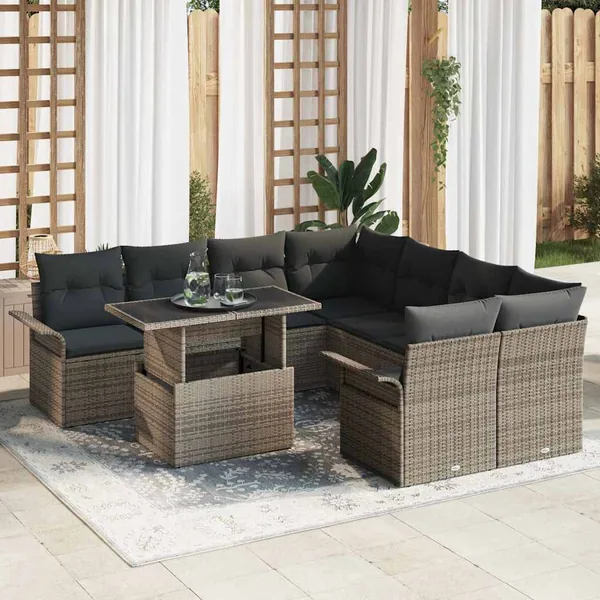 Ensemble de canapé de jardin 9 pcs Gris Poly Rattan