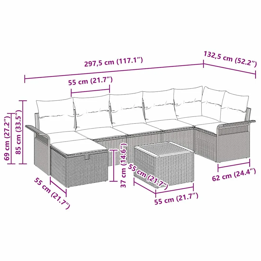 Ensemble de canapé de jardin avec coussin 8 pcs Gris Poly rotin - 15