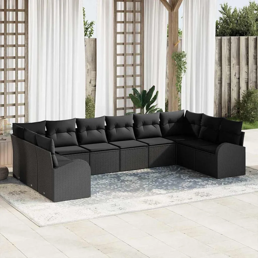 Ensemble de Canapés avec coussin 10 pcs Noir Polyrotin