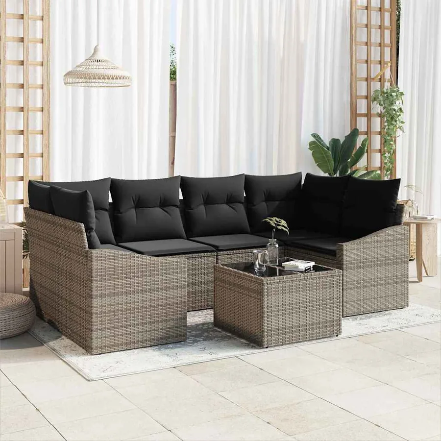 Ensemble de Canapés avec coussin 7 pcs Gris polyrotin